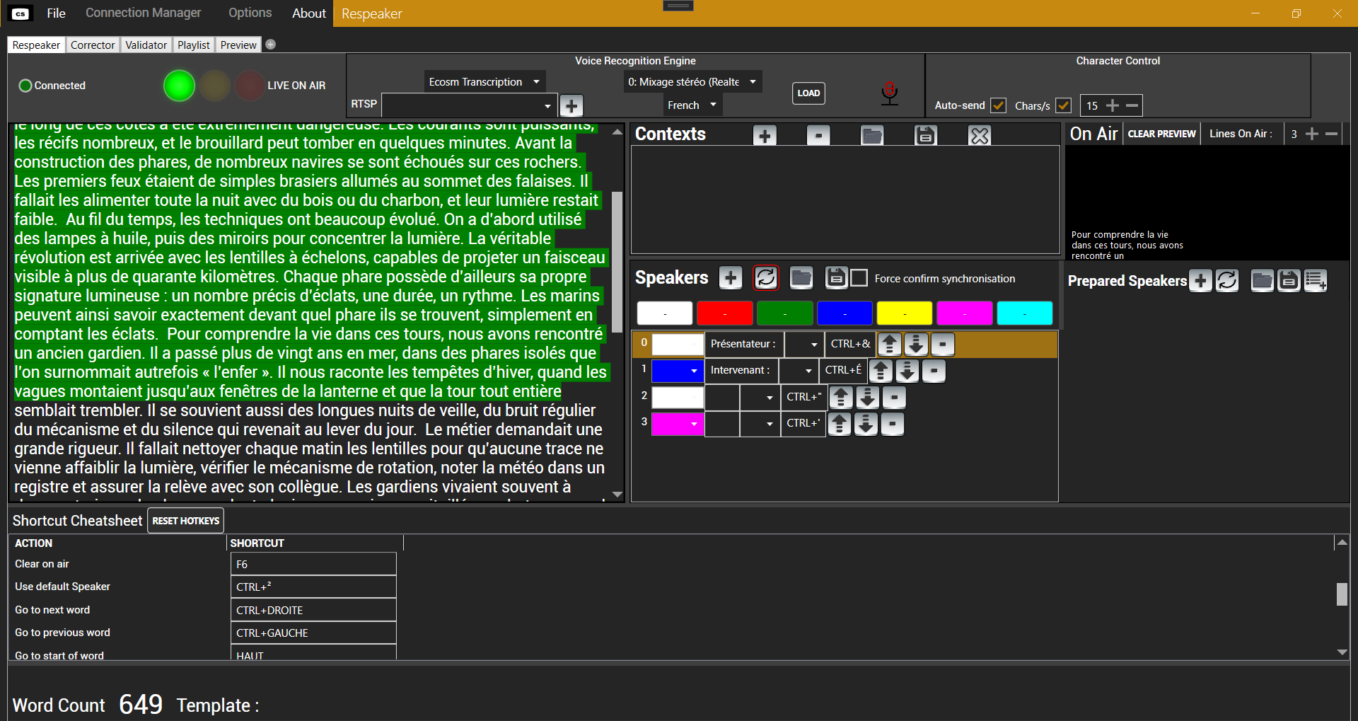 Interface respeaker de CreasySubs Live avec texte reconnu, couleurs des intervenants et prévisualisation à l’antenne